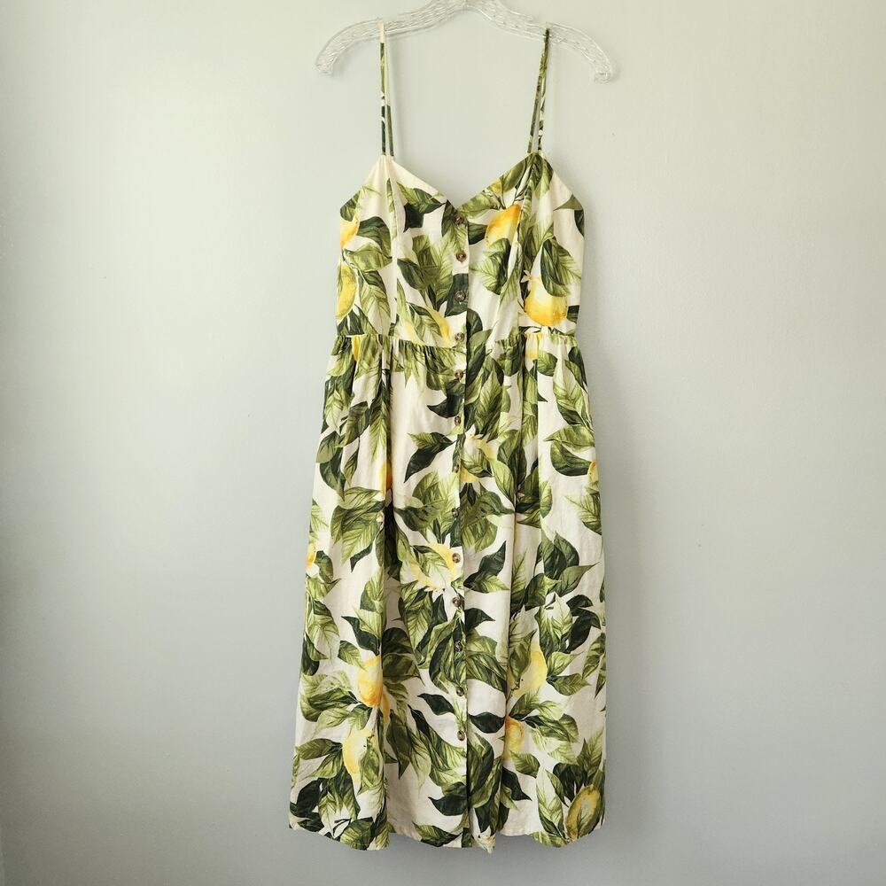 H&M Smocked Midi Dress 12 White Green Leaf Linen Cotton Sundress Cottagecore Sun